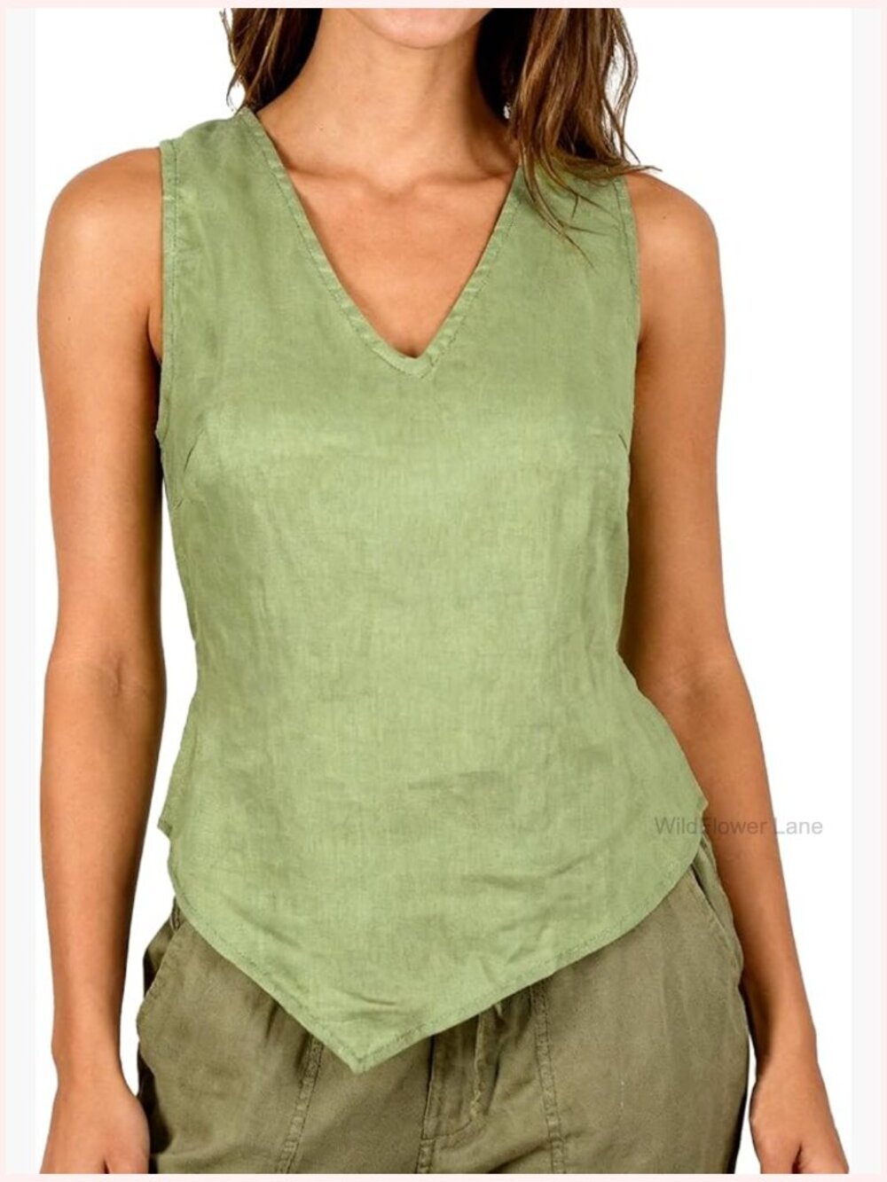 100% Linen V Neck Sleeveless Tank Top Self Tie Back Blouse Cropped Summer
